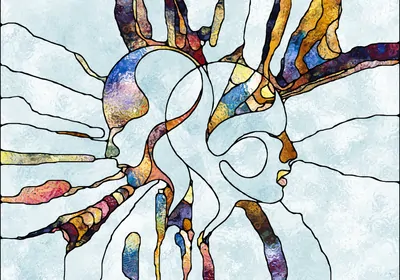 Glass mosaic with the image of two people. The bodies are arbitrarily crossed by lines that divide them into amorphous fractions, some of them colored.